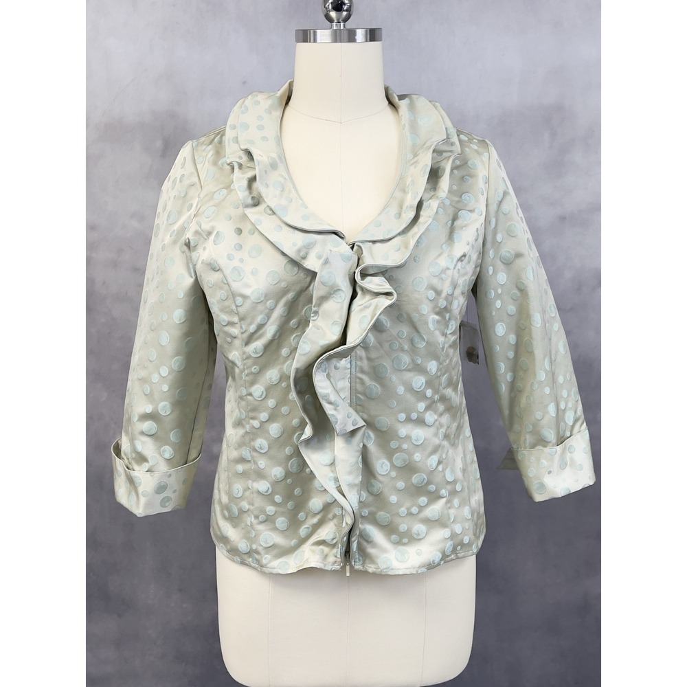 Samuel Dong Ruffle Zip Jacket Womens XL Green Polka Dot Shimmer Elegant Coquette